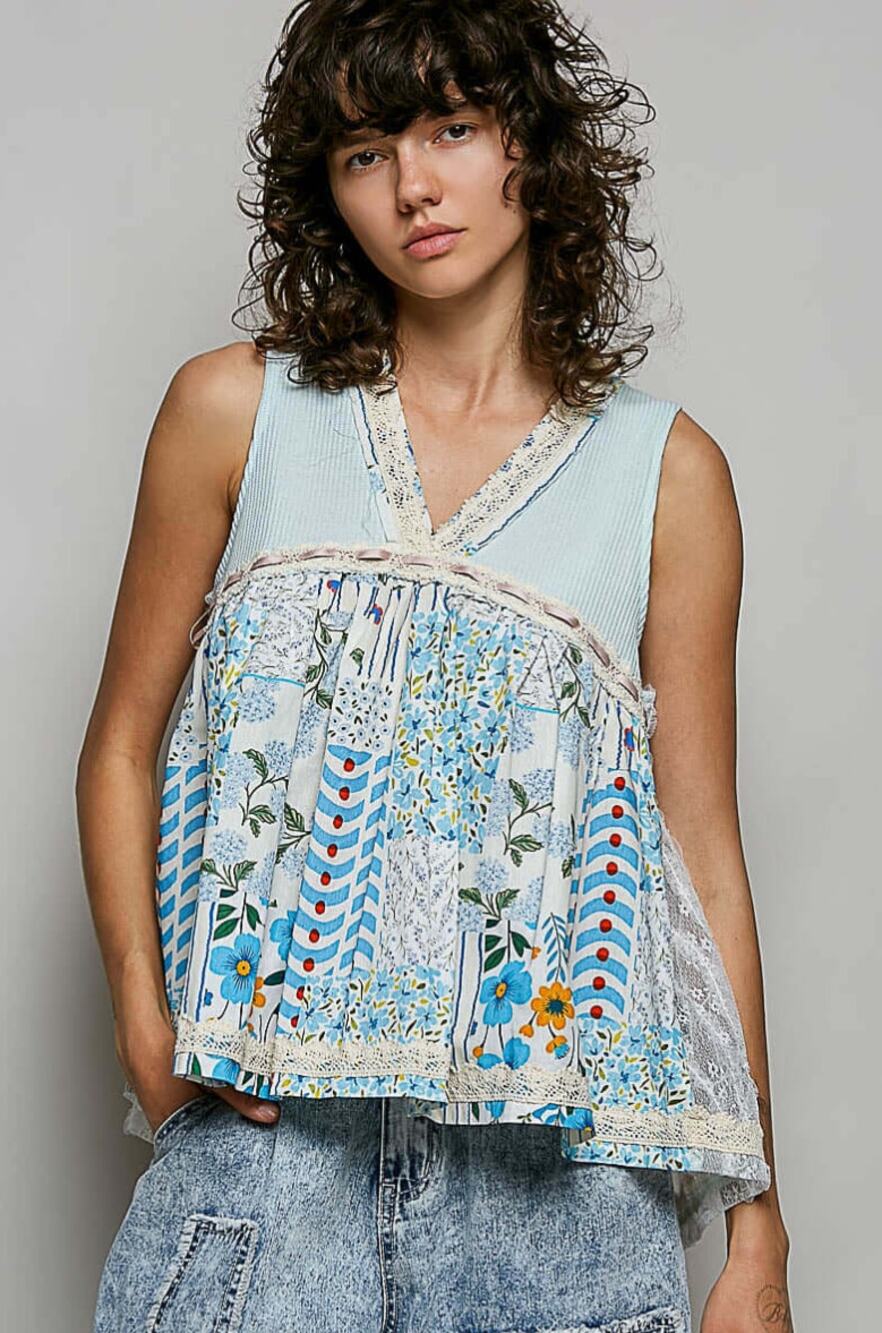 POL Blue Floral Lace Patch Sleeveless Babydoll Top Size L - Coastal Boho